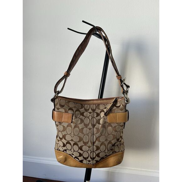 Vintage Y2K Coach Signature Shoulder Bag Crossbody 03574 Khaki Tan Leather Trim - Picture 2 of 10